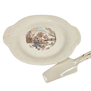 Vintage Ceramic Pie Cake Plate Serving Knife Scenic Countryside Design Knowles